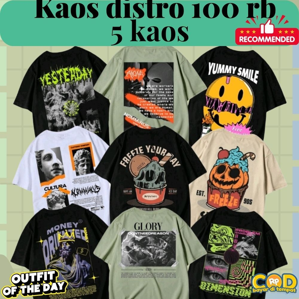 Promo Kaos Distro 100rb 5 pcs Kaos Lengan Pendek Pria/Wanita Dewasa