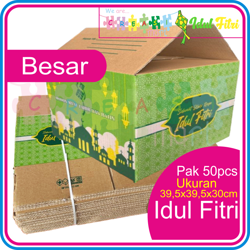 

Kardus Idul Fitri Parcel Lebaran ukuran 39,5x39,5x30cm Pak isi 50pcs Dos / Dus Coklat Hampers