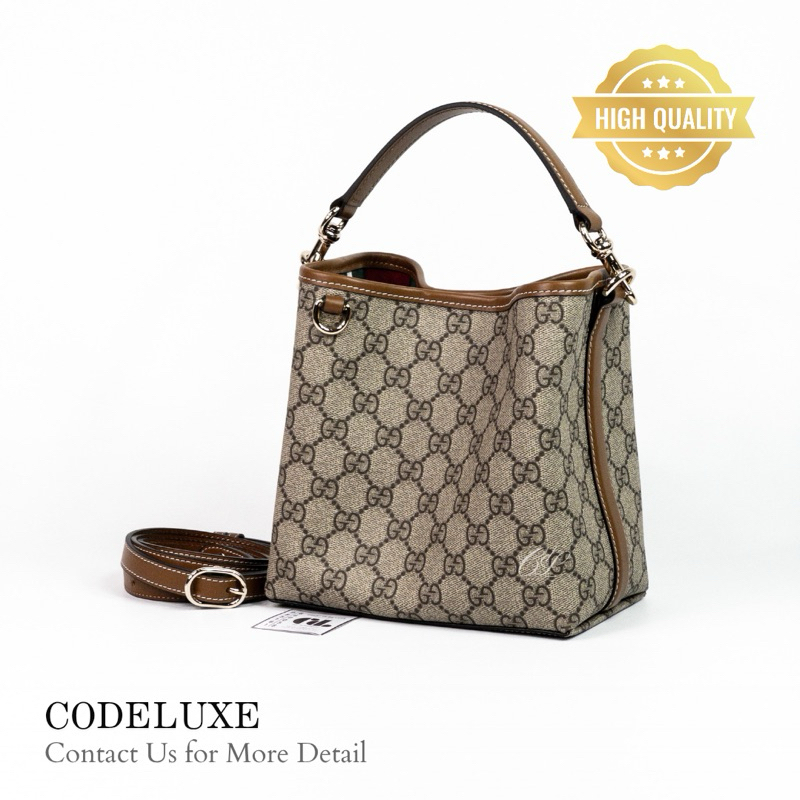 GG Emblem Mini Bucket Bag GG Monogram Coated Fabric Leather Beige & Dark Brown GHW