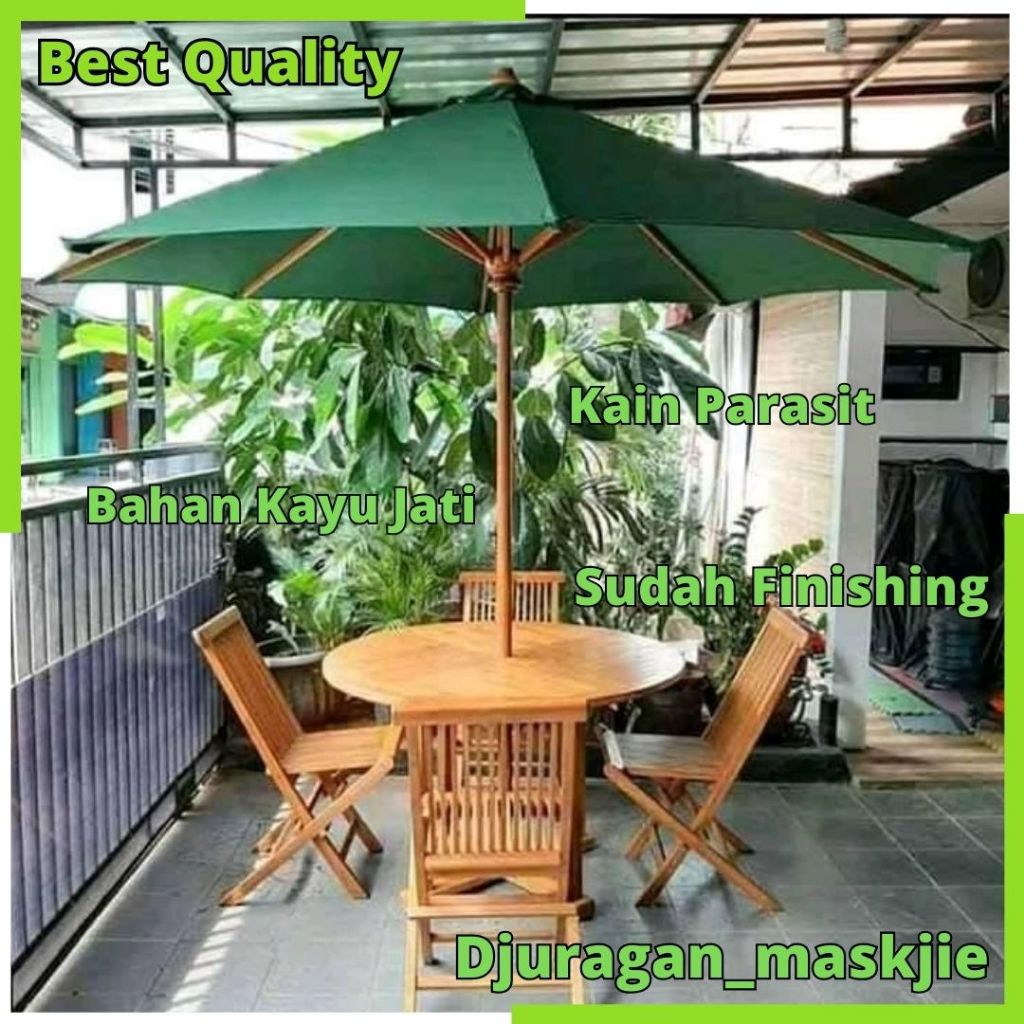 Set Meja Payung Cafe taman outdoor Jati Tenda Payung Taman Resto Villa Pantai 4 Kursi Lipat Kayu Jat