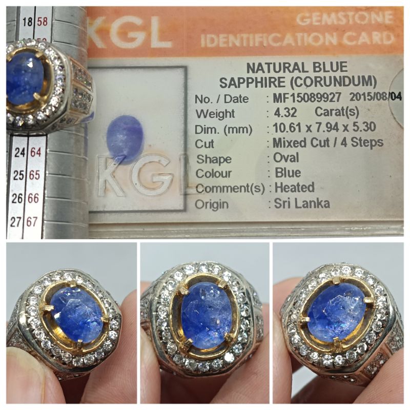 Natural Blue Sapphire Ceylon Top Kristal 4,3ct Heated memo KGL Safir Srilanka Ring Perak