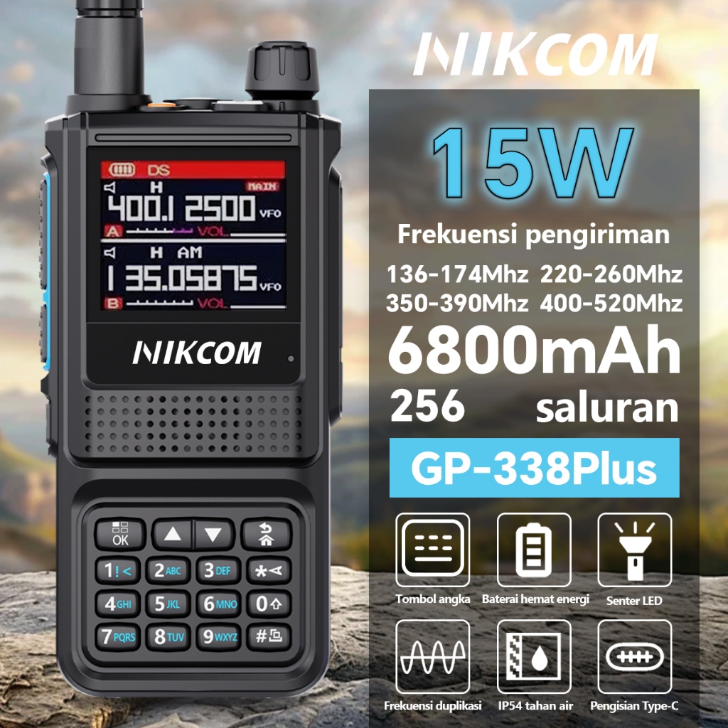 Adios - HT NIKCOM GP338 Plus Jarak Jauh 20KM Two Way Radio Type C Charger K-headset 15Watt UHF/VHF