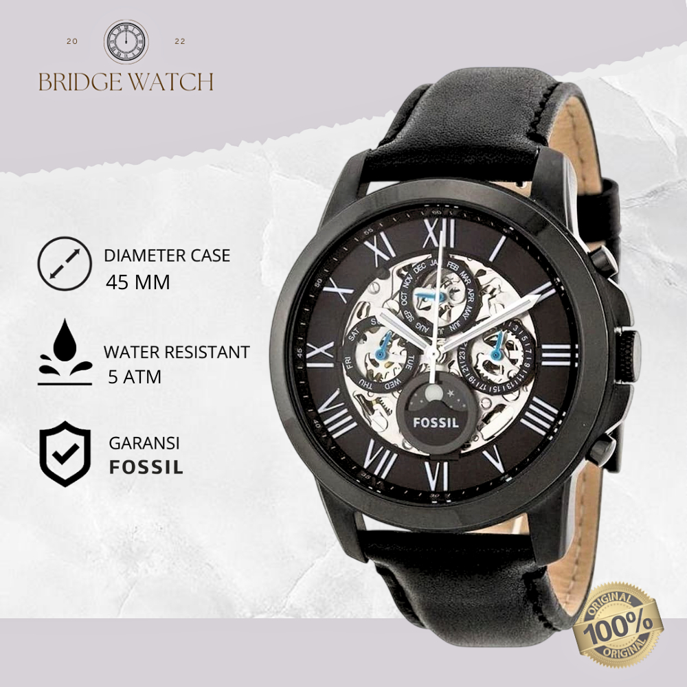 Jam Tangan Fossil Pria Automatic Chronograph Grant Moon Shape Leather Strap Analog Strap Kulit Hitam