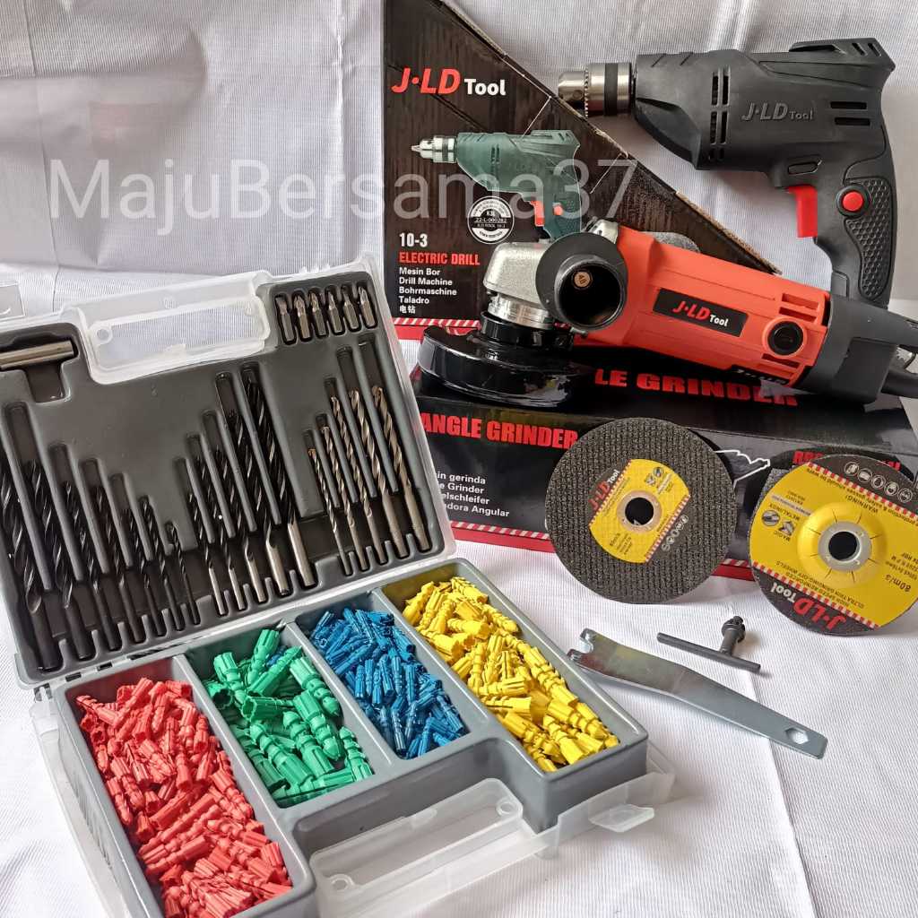 Paket mesin bor tangan dan gerinda listrik JLD lengkap mata bor 300pc dan mata gurinda