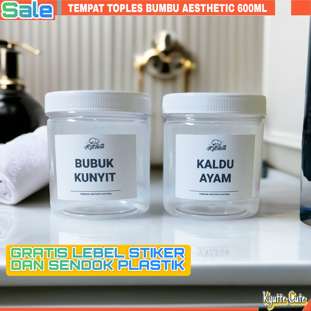 Toples Tempat Bumbu Dapur 600ML Aesthetic Gratis Label Waterproof Dan Sendok Plastik Toples Stiker B
