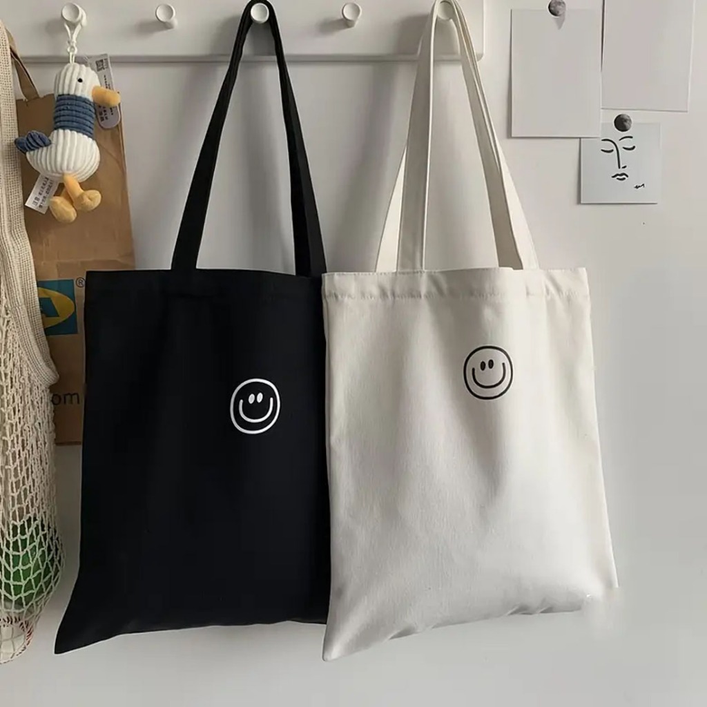 Interessante Tote bag resleting Totebag Kanvas Polos Korea Style Couple Motif Smile Kapasitas Besar 