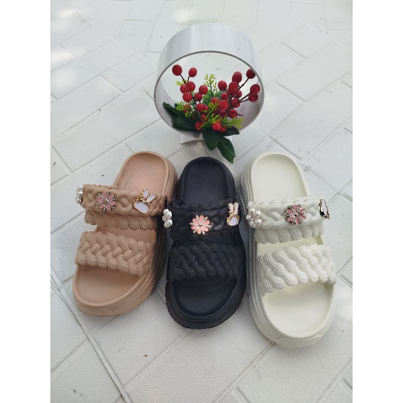 sandal karet wanita kekinian selop 2 motif kepang besar size 35-40