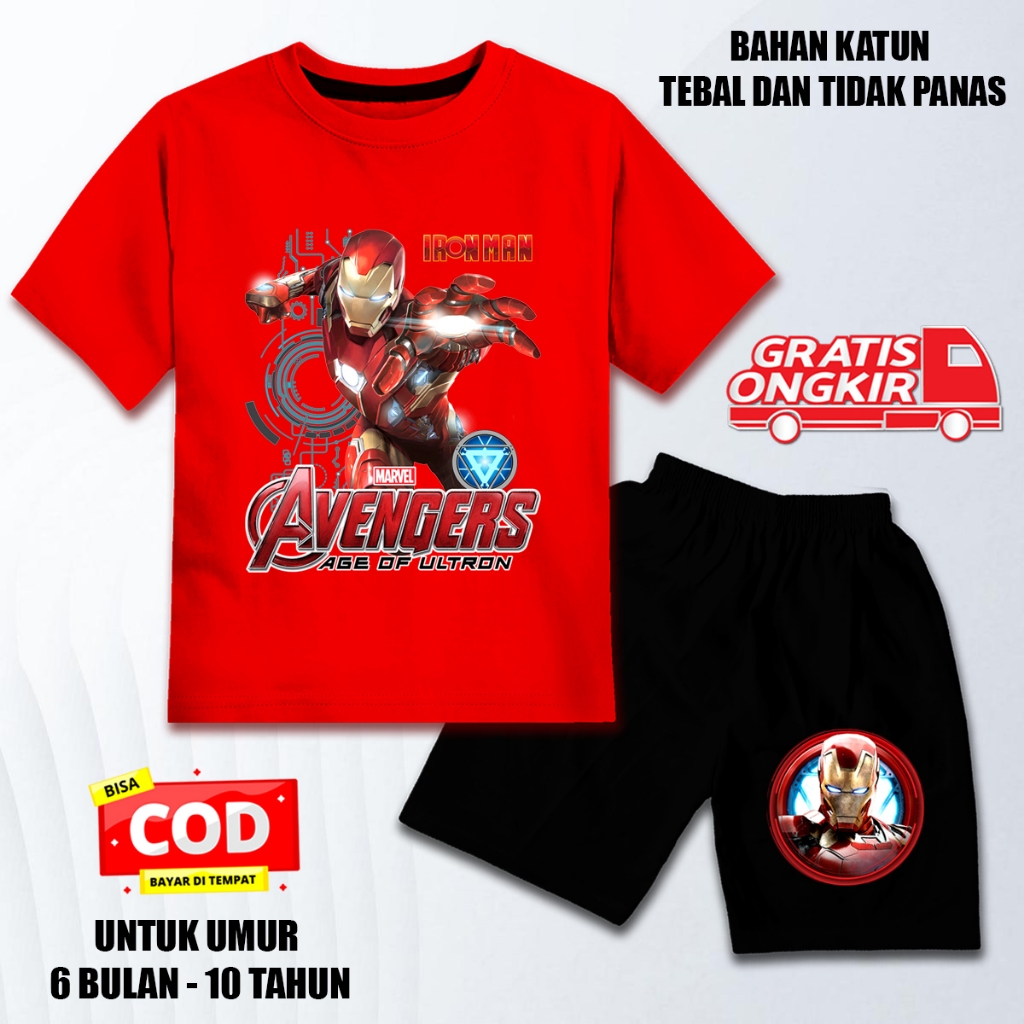 Setelan lengan pendek anak laki laki perempuan set baju kaos anak katun celana hitam iron man 2