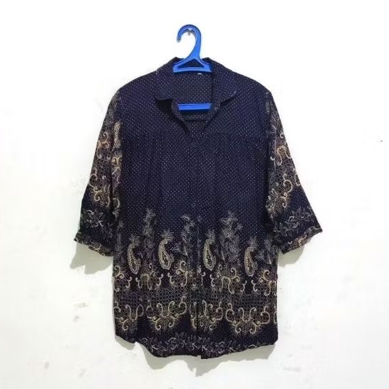 Blouse / kemeja wanita lengan panjang batik biru navy XL