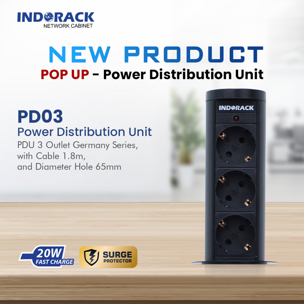 PD03 - DESKTOP PDU POP UP INDORACK 3 OUTLET GERMANY SOCKET 16A STOP KONTAK TANAM MEJA EXTENSION