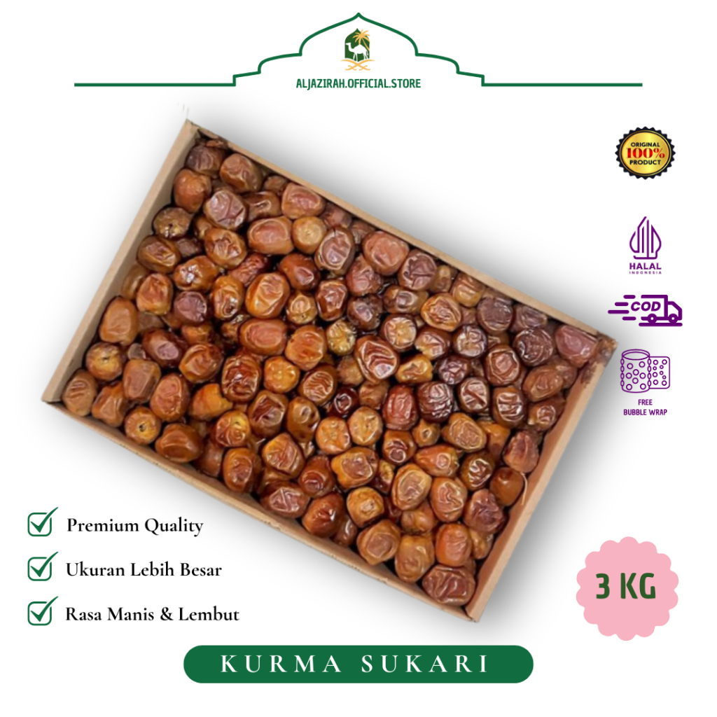 

KURMA SUPER LEMBUT SUKARI Dus 3 kg | Kurma Sukari Raja Premium | Kurma Sukari Al Qaseem NR 100% Asli