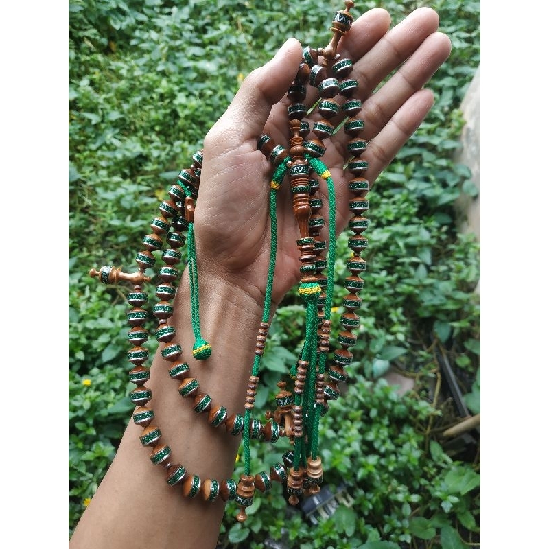 Tasbih Premium HQ Kokka/Kaukah Isi 100 Set Tijany Handmade 10x10 mm – Prada Hijau & Timah dengan Tal