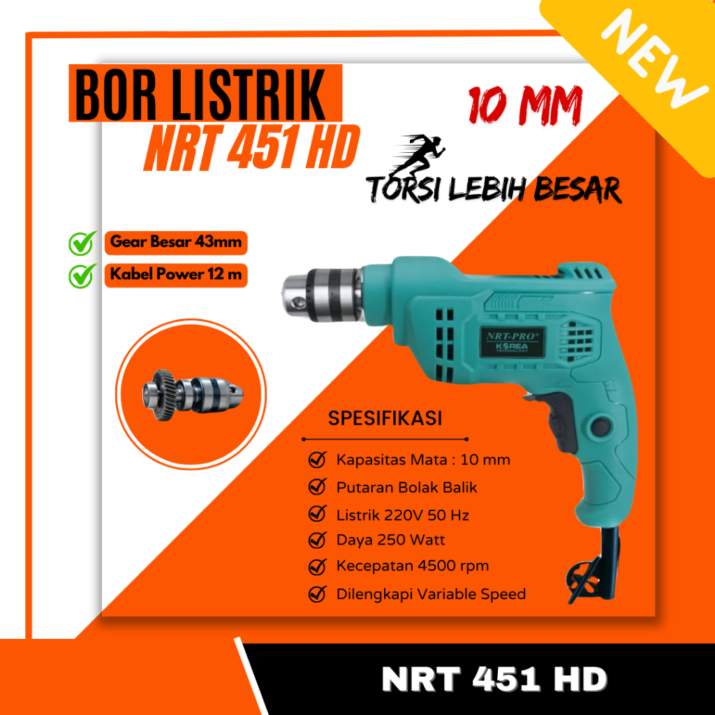 Mesin Bor Listrik NRT PRO 450 HD 10mm Mesin Bor Tangan Listrik NRT PRO 450HD 10mm Bor Besi Kayu NRT 