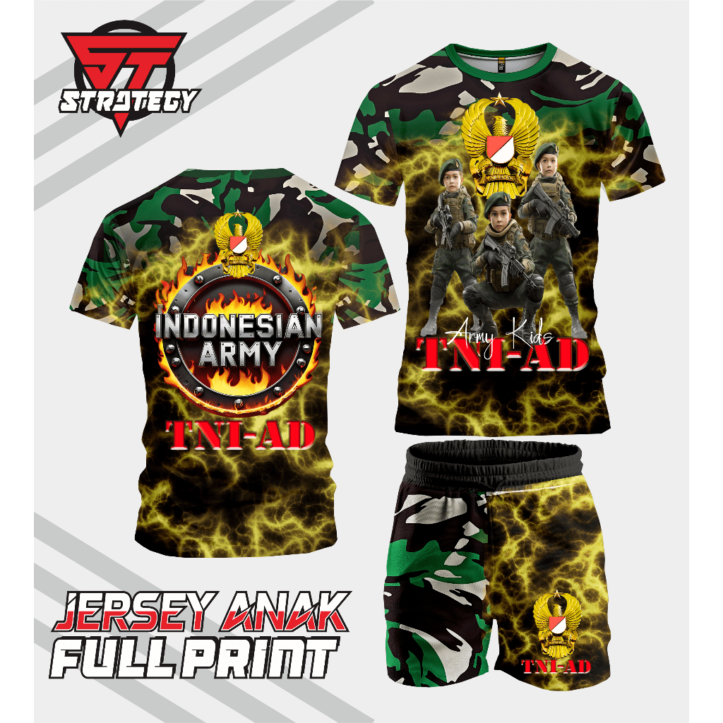 Kaos jersey setelan Anak anak Full print, TNI AD