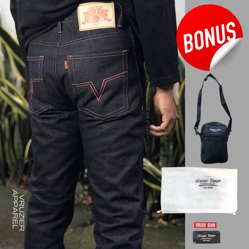 Vruzier - Celana panjang Jeans Pria Raw Denim 16oz kaku SELVEDGE ACCENT - Bonus Tas - Slimstraight