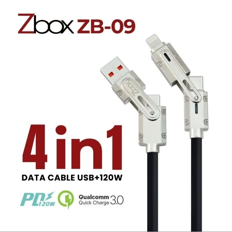 [ ZB-09 ]- KABEL Cable Zbox ZB-09 Metal 4in1 Usb + PD 120W QC3.0 Fast + Super Vooc Type C & Iphone