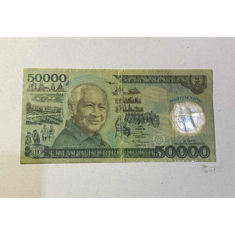 UANG KERTAS KUNO Rp.50.000 Tahun 1993. Polymer Presiden Soeharto. Asli 100% (Bukan Replika)
