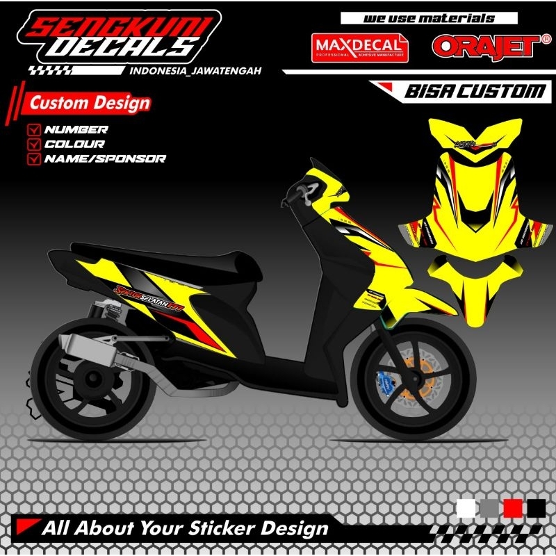 Decal Striping Stiker Sticker Full Body Motor Honda Beat Karbu Carbu Body Buta Standar Tebal Glosy D