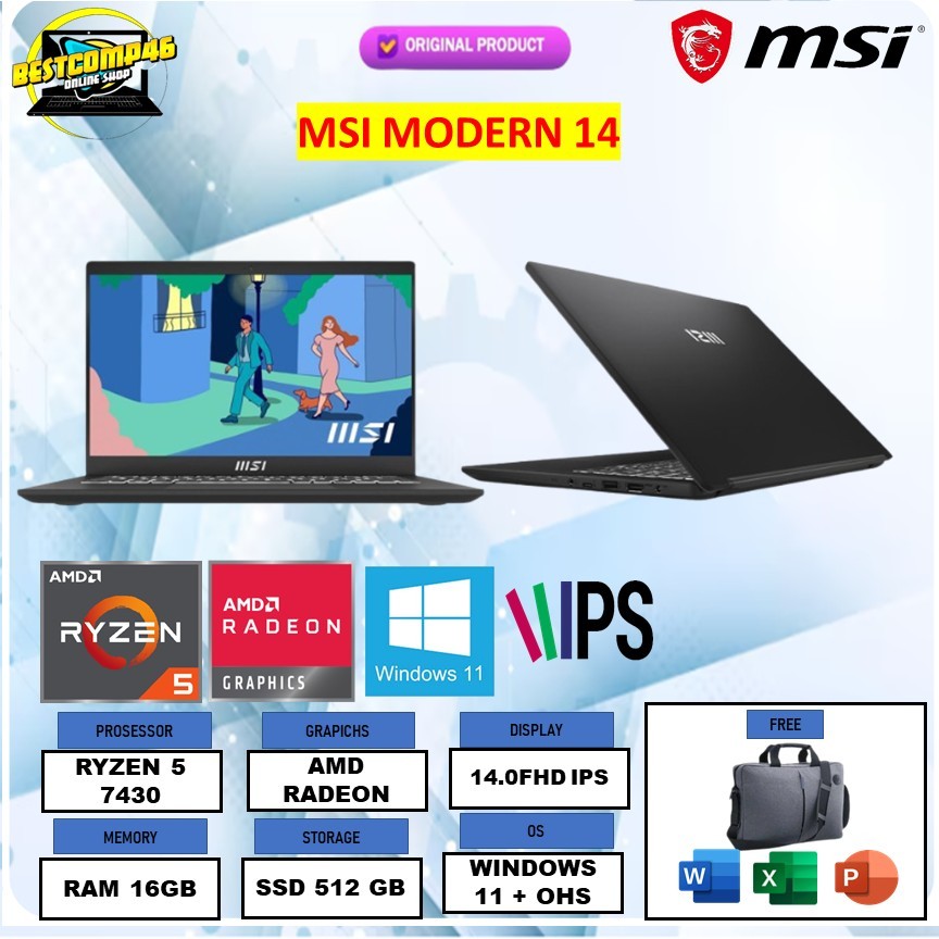 Msi Modern 14 RYZEN 7 7730 16GB 512GB W11+OHS 14.0FHD IPS BLIT
