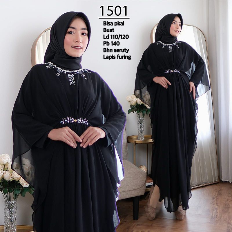 Kaftan KD1501 Hitam Bahan Ceruty dengan Lingkar Dada 110/120 cm - Dress, Wanita, Atasan, Pesta, Dewa