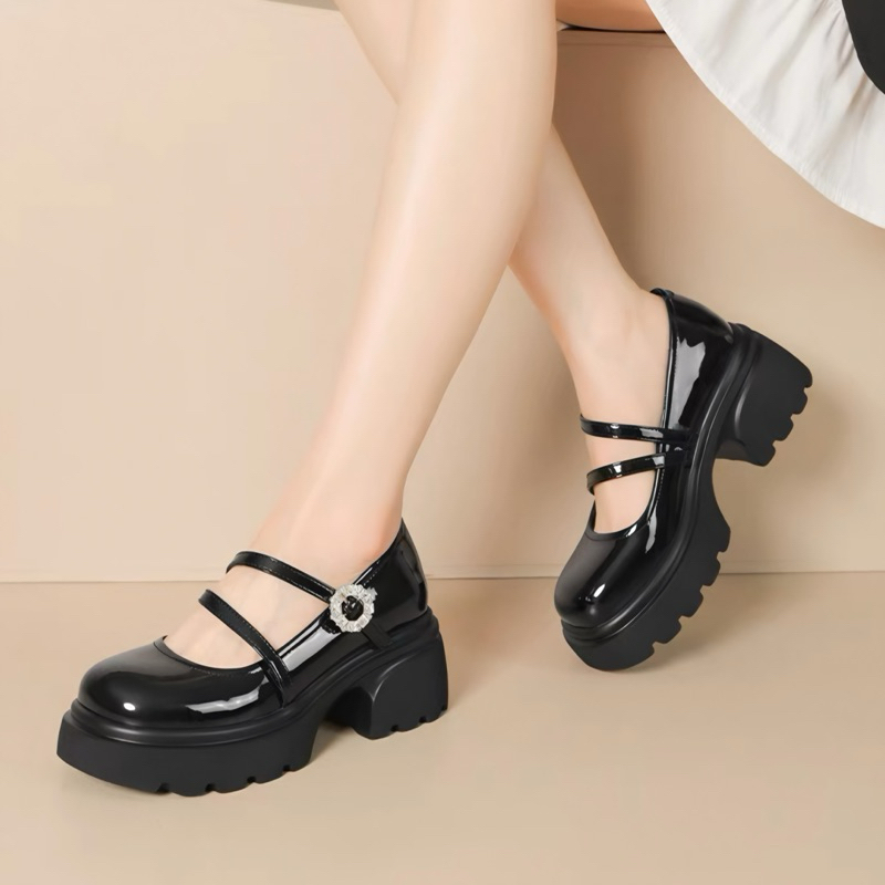 Sepatu Pantofel Kerja Wanita Gita Hitam Gesper Tinggi 5 cm Docmart Maryjane Shoes Fashion Koreaan