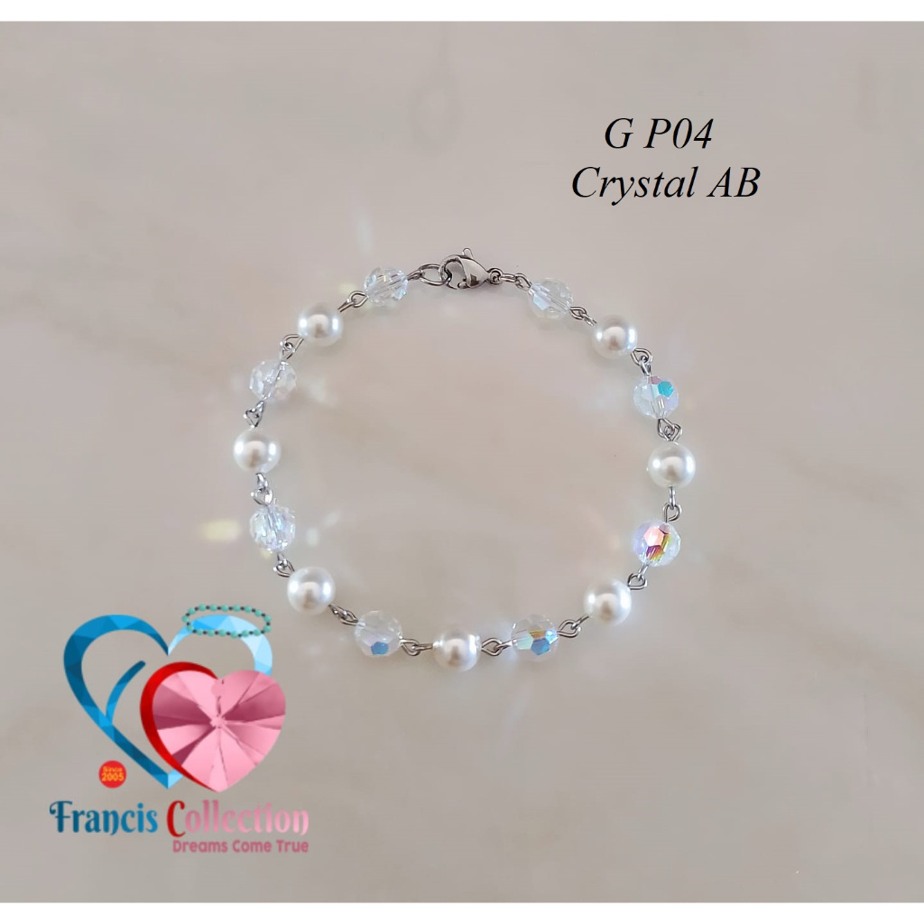 Francis Collection. G P04. Gelang Kristal Swarovski Bulat 6mm dipadu Mutiara Swarovski 6mm. Anti Kar