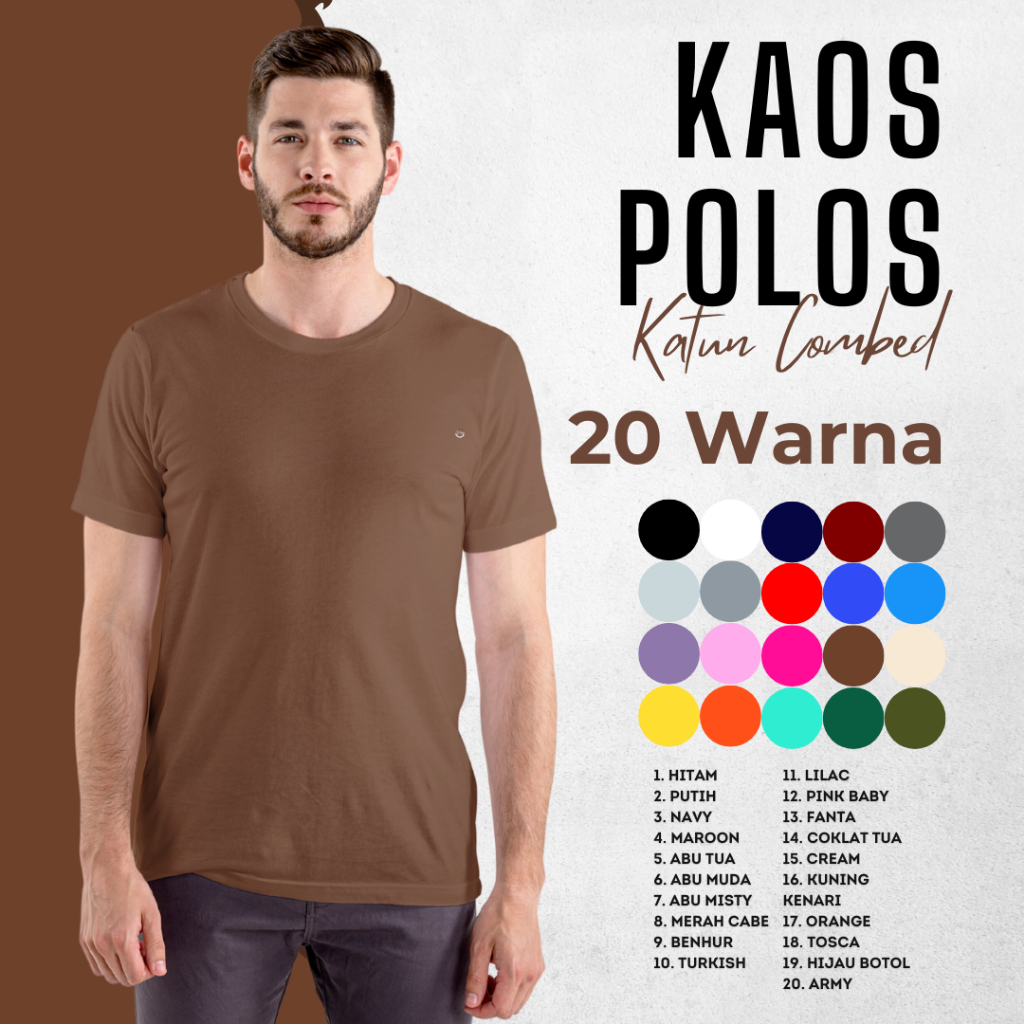 Kaos Polos Katun Combed 30S Pria Dan Wanita Coklat Tua 20 Pilihan Warna
