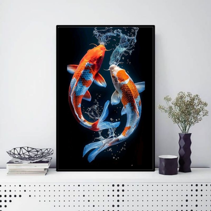 lukisan abstrak digital printing kanvas print dekorasi rumah hiasan dinding modern tema ikan koi