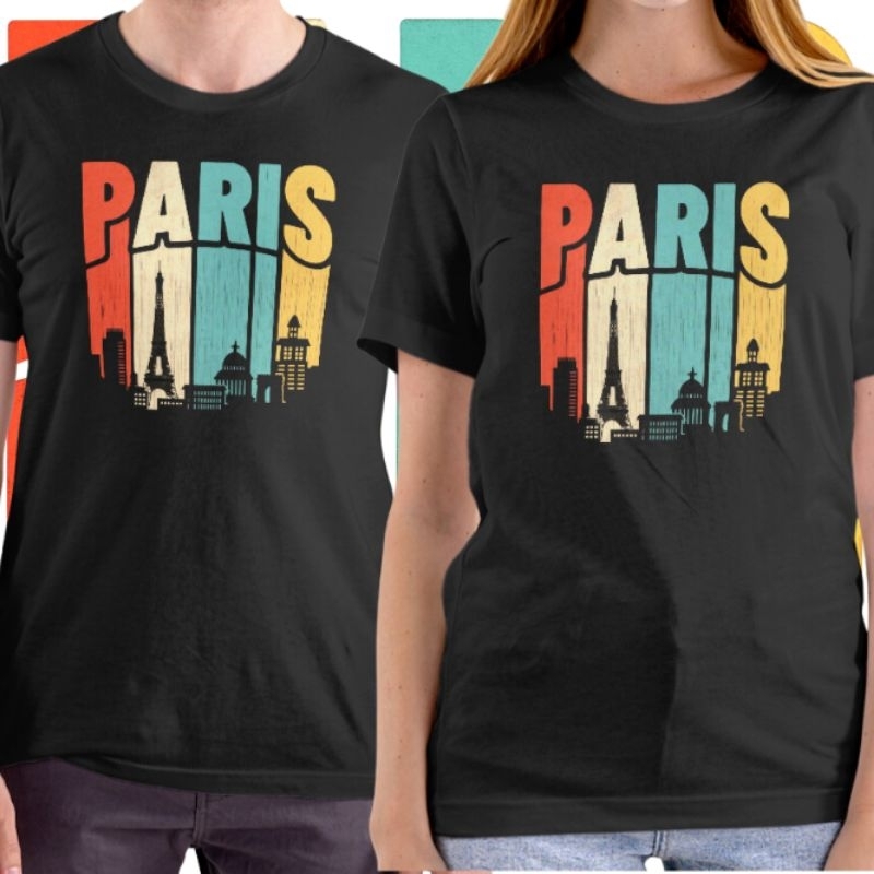 Kaos Motif PARIS Unisex Warna Hitam Bahan Kain Katun Tebal Nyaman Adem