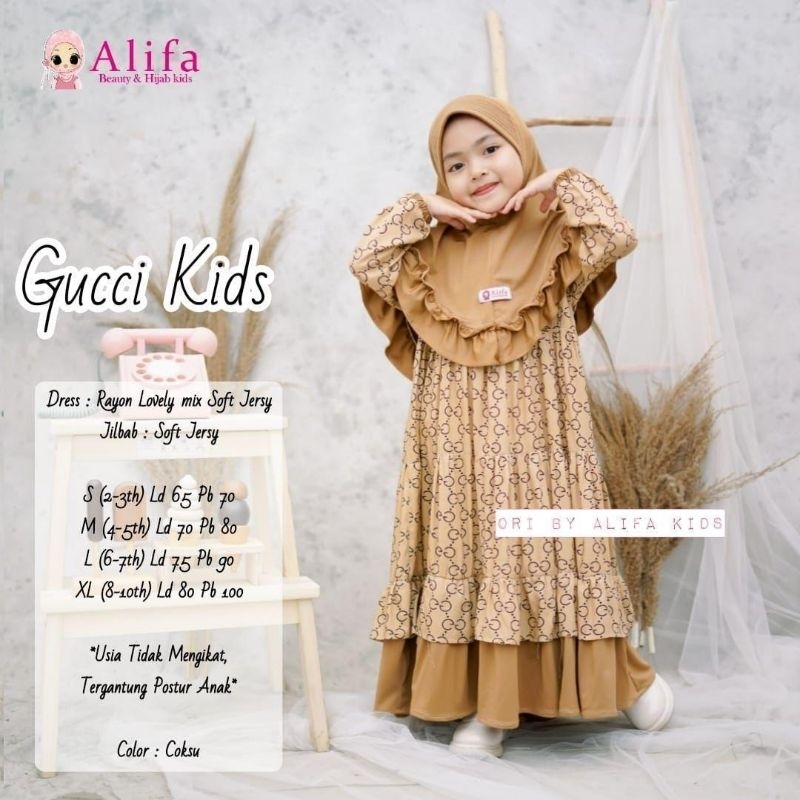 DRESS SET JILBAB GAMIS ANAK LEBARAN 2025 GUCCI KIDS BY ALIFA BAHAN RAYON MOTIF USIA 1-10TH