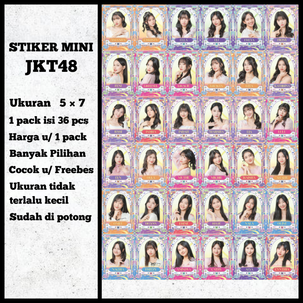

Stiker JKT48 Mini New Era Ukuran (5×7cm) Isi(36pcs) Cocok Untuk Freebes