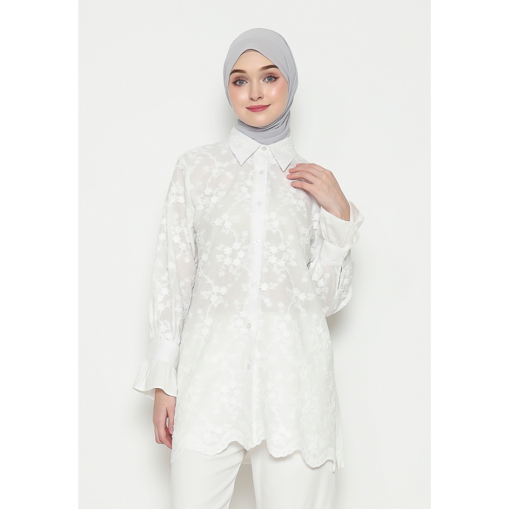 Urban Exchange Indira White Tunik - Atasan Kemeja Tunik Putih Bunga Timbul