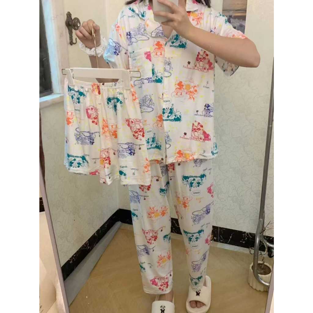 Baju Pakaian Tidur Wanita Dewasa Set PIYAMA 3 IN 1 MICKEY GUCCI Baju Lengan Pendek Celana Panjang + 