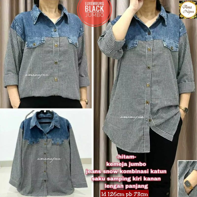 Tunik Jeans Wanita Super Jumbo LD 110 120 Bahan Jeans Snow Kombinasi Katun