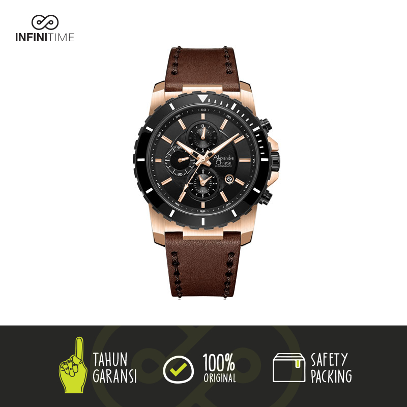 Jam Tangan Pria Alexandre Christie AC 6141 Kulit AC 6141 Leather AC 6141 Black Rosegold ORIGINAL