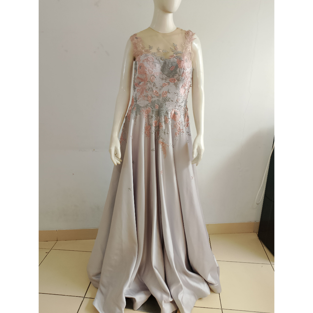 Gaun Dress Pesta Abu Silver Bordir Preloved