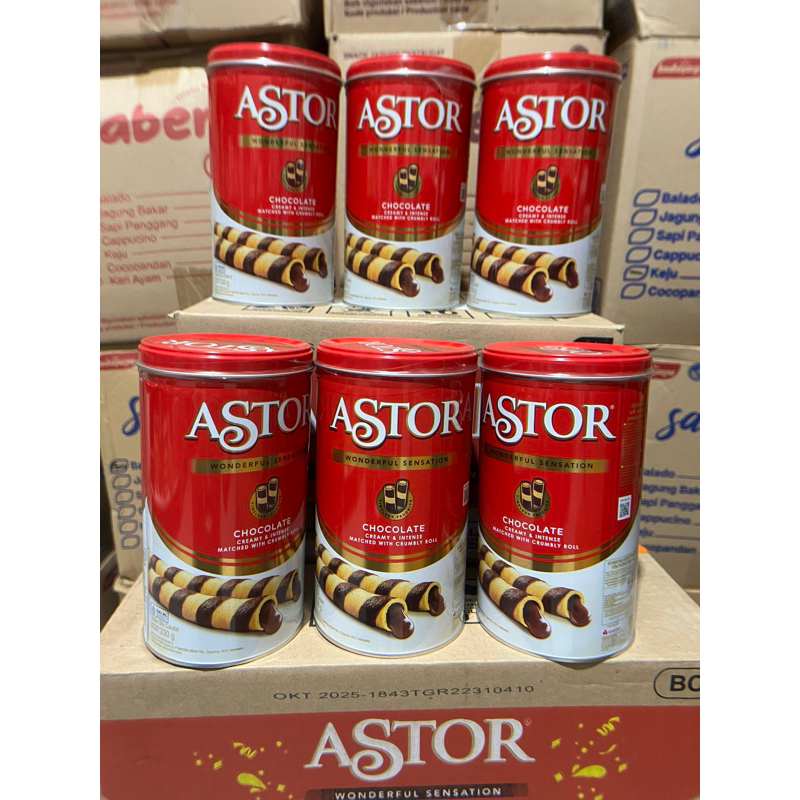 

ASTOR WAFER ROLL STIK COKLAT 330 GRAM 1 DUS ISI 6 KALENG MAYORA SNACK