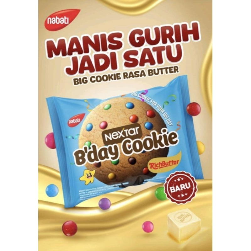 

nabati Nextar B'day BIG cookie RichButter Biskuit Rasa Butter dengan Cokelat Chip Warna-Warni Birthday 30gr