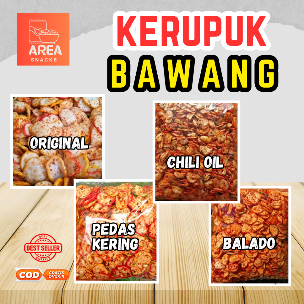 

KERUPUK BAWANG DAUN JERUK/ASIN GURIH/PEDAS/BALADO/CHILI OIL/1KG/500GR/250GR ENAK GURIH PEDAS