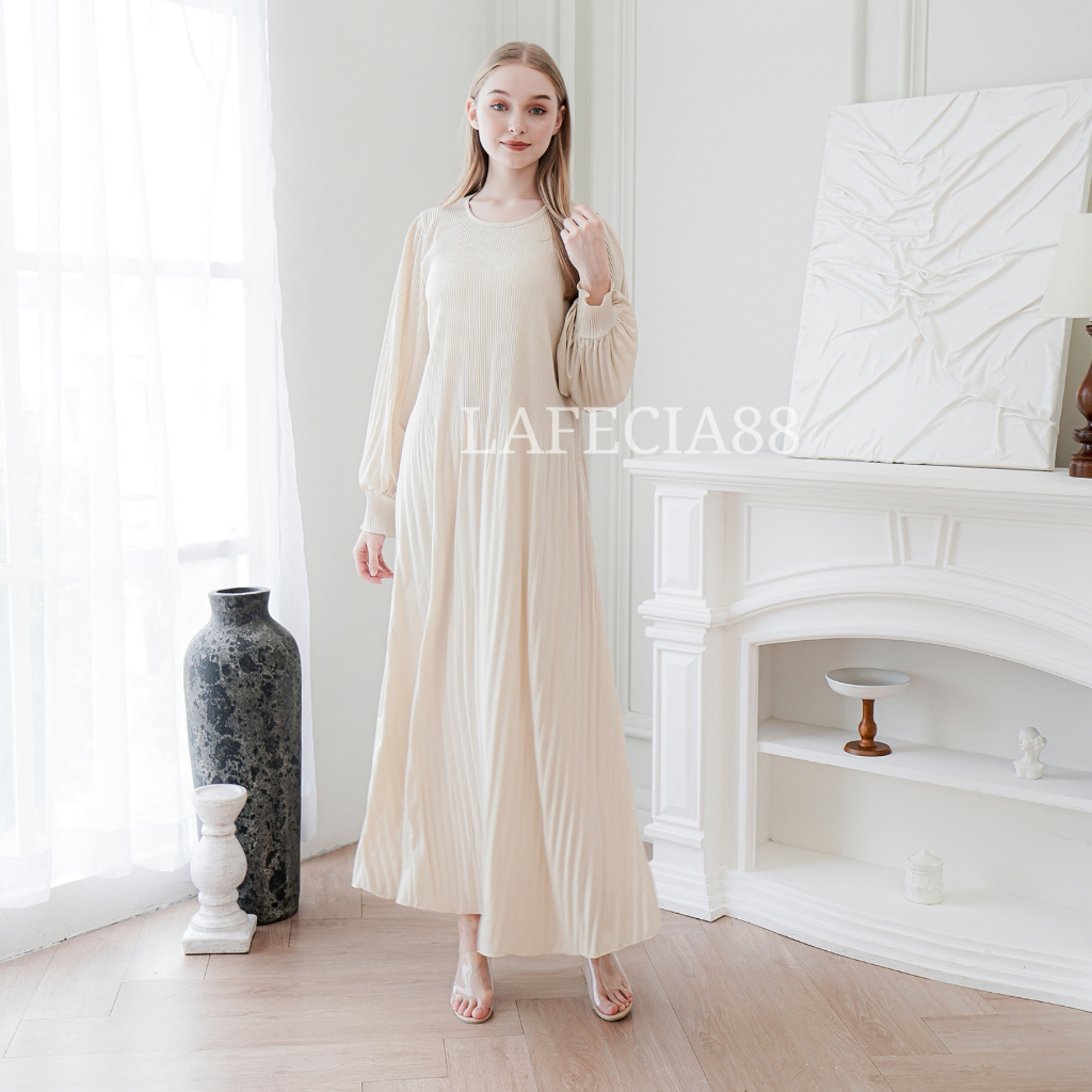 Dress Plisket Lidi Cabang Lengan Balon / Dress Lengan Panjang / Gamis Plisket