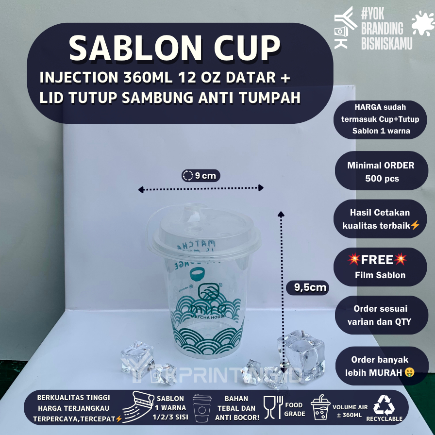 Sablon cup Injection 360ml 12 oz datar Custom Cup/Gelas Injection Tebal Anti tumpah 1 Warna
