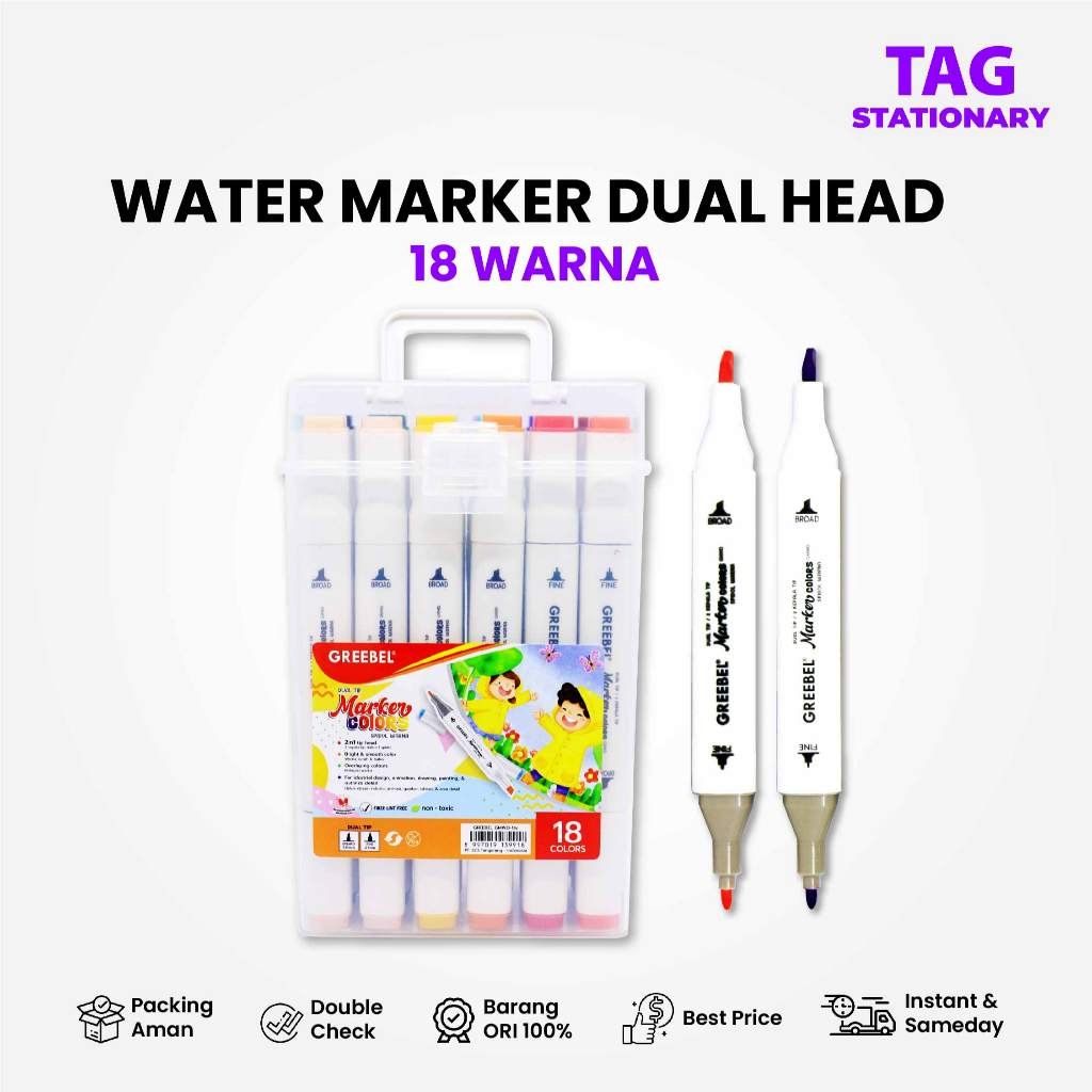 

GREEBEL Spidol Water Marker Dual Head / GMWD 18 Warna / Spidol Warna Warni Timur Agung Grosir