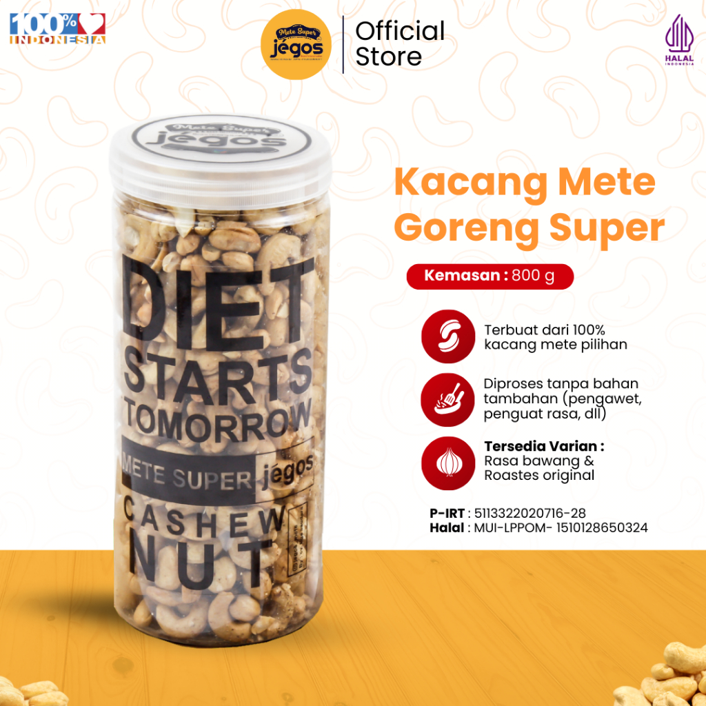 

Kacang Mete Goreng Super Utuh Rasa Bawang Kualitas Mede Premium Kemasan Toples 800gr Jegos