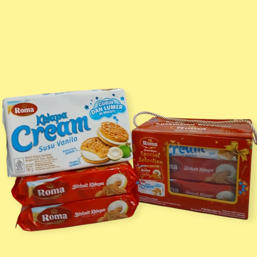 

Biskuit roma kelapa spesial hampers lebaran 1 Box isi 3 pcs, 2 Roma Biskuit Kelapa + 1 Roma Kelapa Cream