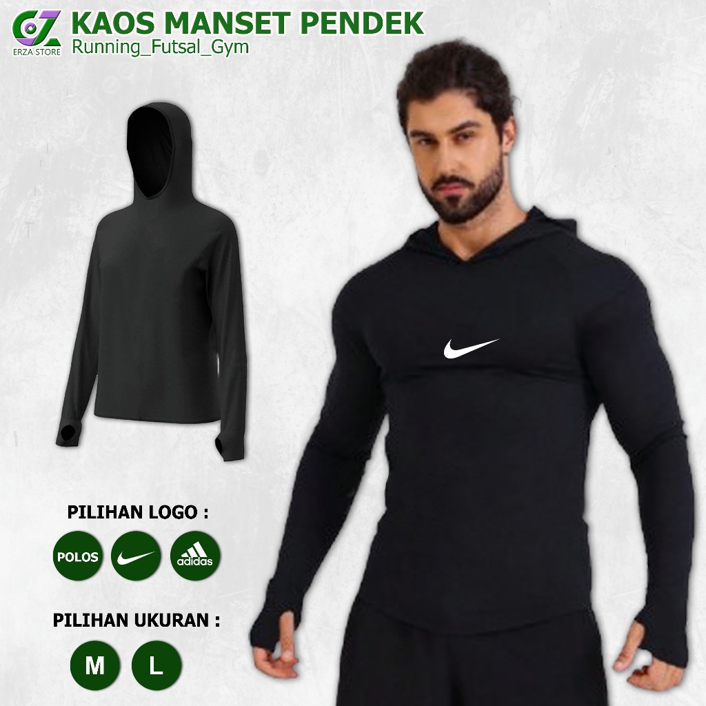 Baju Manset Baselayer hoodie Thumbhole Olahraga Pria Wanita