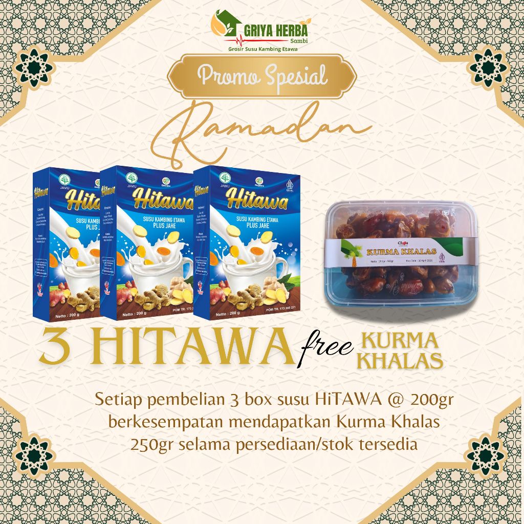 

( paket 3 box free kurma ) hitawa susu etawa premium jahe gratis kurma khalas 250gr