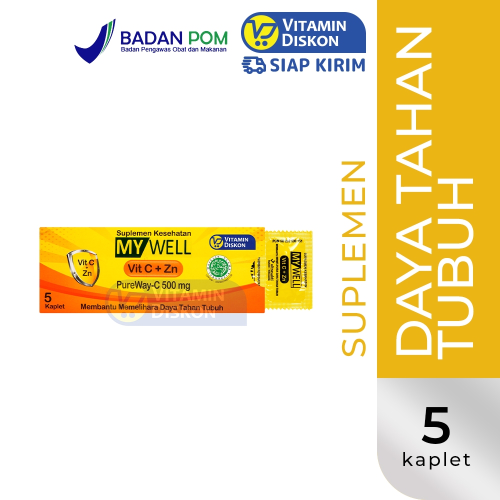 MYWELL VITAMIN C+Zn PUREWAY 500MG 1 STRIP ISI 5 KAPLET | Vitamin C Zink, Imunitas Tubuh, Daya Tahan 