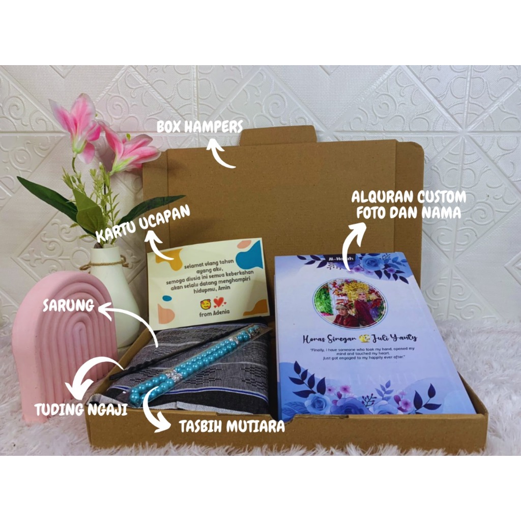 Hampers Alquran Custom Nama dan Foto Ukuran A5 Plus Sarung Jilbab Sajadah