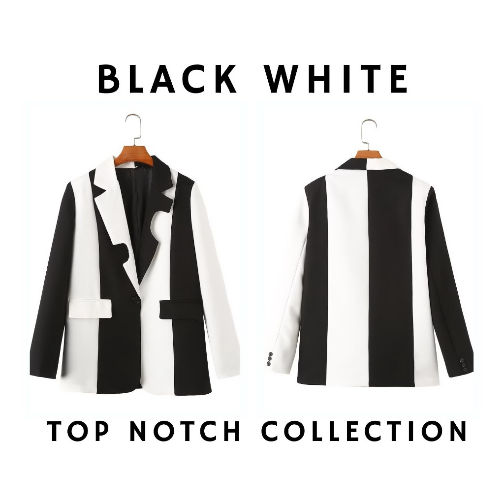 Blazer Hitam Putih Wanita Monochrome Fashion Blazer 35816