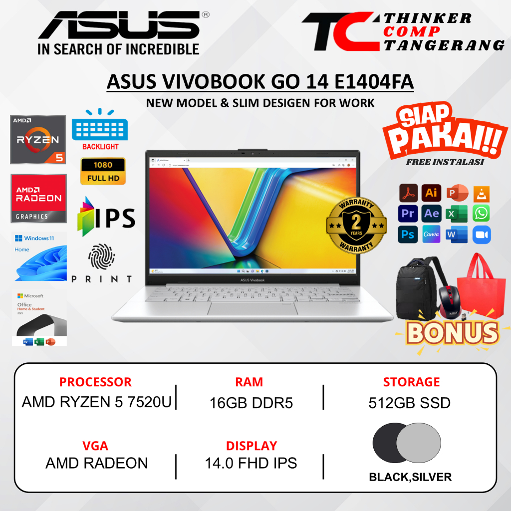 Laptop asus vivobook GO 14 E1404FA AMD RYZEN 5 murah backlit windows 11